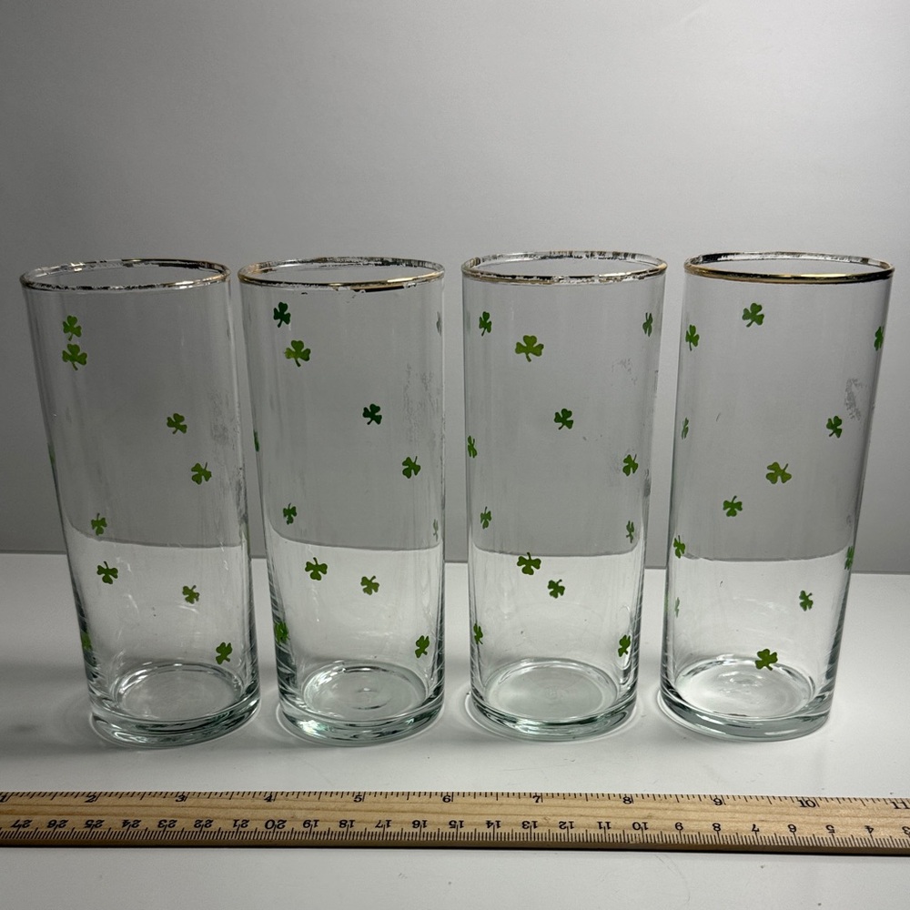 Vintage Set of 4 Shamrocks Tom Collins Glasses Worn Gold on Rim Trim